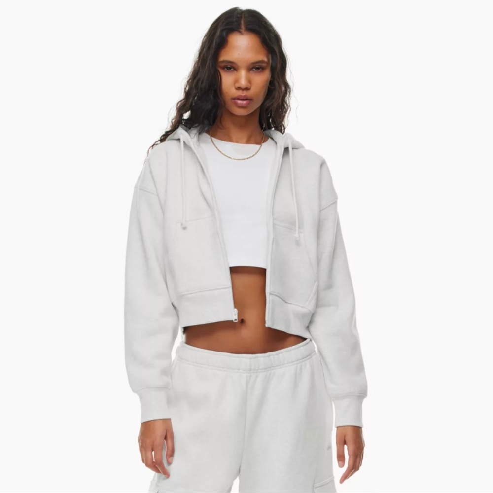 Aritzia TNA Cozy Fleece Boxy Boyfriend Zip-Up Hoodie - Heather Cloud White